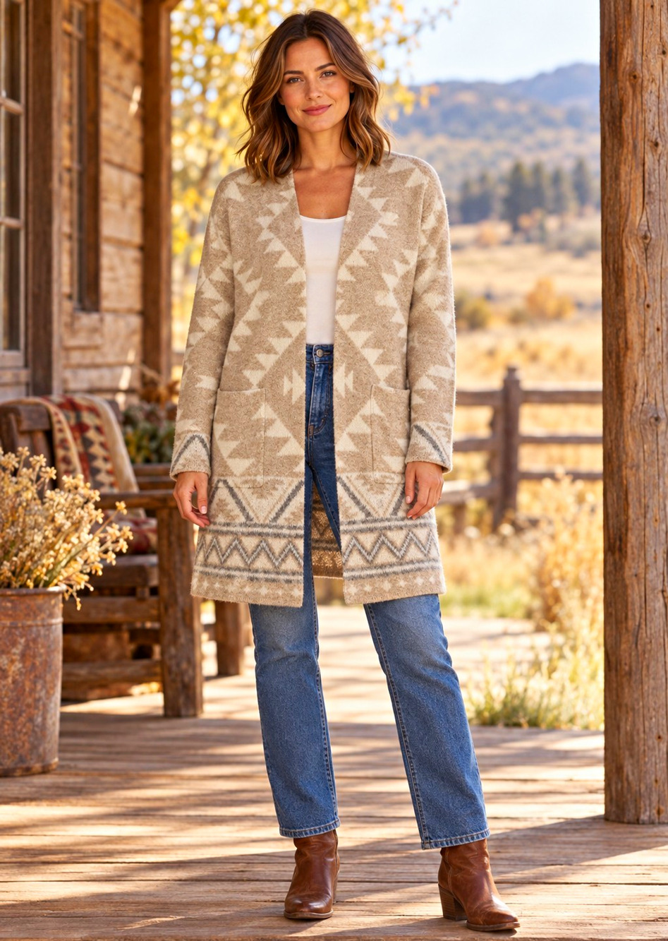 FRYE Cardigan Womens M Southwestern Western Boho Beige Cream Longline Pockets